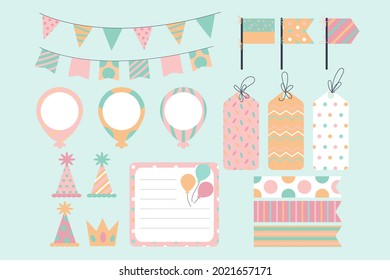 Birthday scrapbook elements. Celebrate decoration clipart. Birth day party stylish. Anniversary event graphic design collection. Greeting confetti. Creative scrapbook present set. Vector illustration.