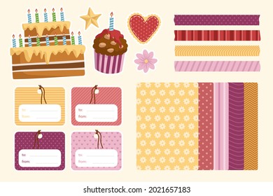 Birthday scrapbook elements. Celebrate decoration clipart. Birth day party stylish. Anniversary event graphic design collection. Greeting confetti. Creative scrapbook present set. Vector illustration.