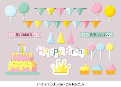 Birthday scrapbook elements. Celebrate decoration clipart. Birth day party stylish. Anniversary event graphic design collection. Greeting confetti. Creative scrapbook present set. Vector illustration.