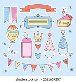 Birthday scrapbook elements. Celebrate decoration clipart. Birth day party stylish. Anniversary event graphic design collection. Greeting confetti. Creative scrapbook present set. Vector illustration.