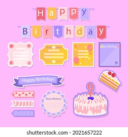 Birthday scrapbook elements. Celebrate decoration clipart. Birth day party stylish. Anniversary event graphic design collection. Greeting confetti. Creative scrapbook present set. Vector illustration.