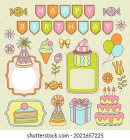 Birthday scrapbook elements. Celebrate decoration clipart. Birth day party stylish. Anniversary event graphic design collection. Greeting confetti. Creative scrapbook present set. Vector illustration.
