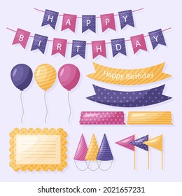 Birthday scrapbook elements. Celebrate decoration clipart. Birth day party stylish. Anniversary event graphic design collection. Greeting confetti. Creative scrapbook present set. Vector illustration.