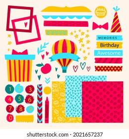 Birthday scrapbook elements. Celebrate decoration clipart. Birth day party stylish. Anniversary event graphic design collection. Greeting confetti. Creative scrapbook present set. Vector illustration.