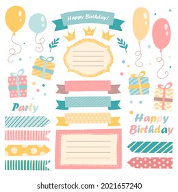 Birthday scrapbook elements. Celebrate decoration clipart. Birth day party stylish. Anniversary event graphic design collection. Greeting confetti. Creative scrapbook present set. Vector illustration.