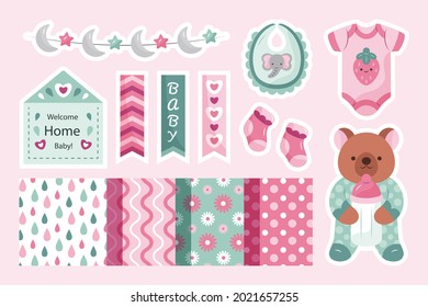 Birthday scrapbook elements. Celebrate decoration clipart. Birth day party stylish. Anniversary event graphic design collection. Greeting confetti. Creative scrapbook present set. Vector illustration.