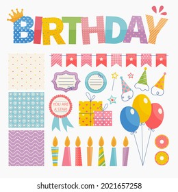 Birthday scrapbook elements. Celebrate decoration clipart. Birth day party stylish. Anniversary event graphic design collection. Greeting confetti. Creative scrapbook present set. Vector illustration.