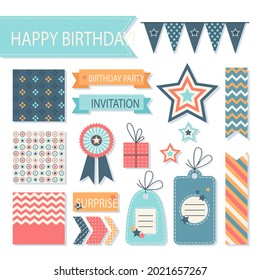 Birthday scrapbook elements. Celebrate decoration clipart. Birth day party stylish. Anniversary event graphic design collection. Greeting confetti. Creative scrapbook present set. Vector illustration.
