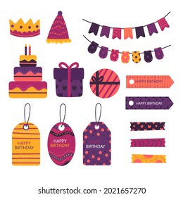 Birthday scrapbook elements. Celebrate decoration clipart. Birth day party stylish. Anniversary event graphic design collection. Greeting confetti. Creative scrapbook present set. Vector illustration.