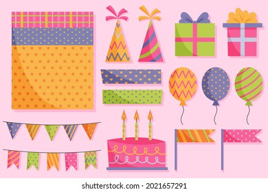 Birthday scrapbook elements. Celebrate decoration clipart. Birth day party stylish. Anniversary event graphic design collection. Greeting confetti. Creative scrapbook present set. Vector illustration.