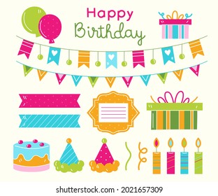 Birthday scrapbook elements. Celebrate decoration clipart. Birth day party stylish. Anniversary event graphic design collection. Greeting confetti. Creative scrapbook present set. Vector illustration.