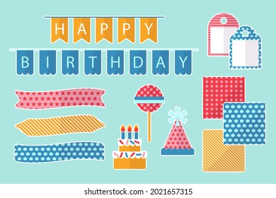 Birthday scrapbook elements. Celebrate decoration clipart. Birth day party stylish. Anniversary event graphic design collection. Greeting confetti. Creative scrapbook present set. Vector illustration.