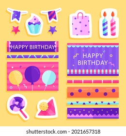 Birthday scrapbook elements. Celebrate decoration clipart. Birth day party stylish. Anniversary event graphic design collection. Greeting confetti. Creative scrapbook present set. Vector illustration.