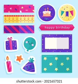 Birthday scrapbook elements. Celebrate decoration clipart. Birth day party stylish. Anniversary event graphic design collection. Greeting confetti. Creative scrapbook present set. Vector illustration.