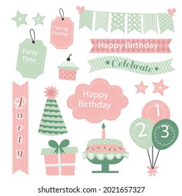 Birthday scrapbook elements. Celebrate decoration clipart. Birth day party stylish. Anniversary event graphic design collection. Greeting confetti. Creative scrapbook present set. Vector illustration.