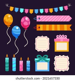 Birthday scrapbook elements. Celebrate decoration clipart. Birth day party stylish. Anniversary event graphic design collection. Greeting confetti. Creative scrapbook present set. Vector illustration.