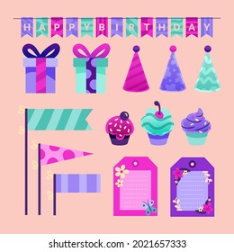 Birthday scrapbook elements. Celebrate decoration clipart. Birth day party stylish. Anniversary event graphic design collection. Greeting confetti. Creative scrapbook present set. Vector illustration.