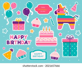 Birthday scrapbook elements. Celebrate decoration clipart. Birth day party stylish. Anniversary event graphic design collection. Greeting confetti. Creative scrapbook present set. Vector illustration.