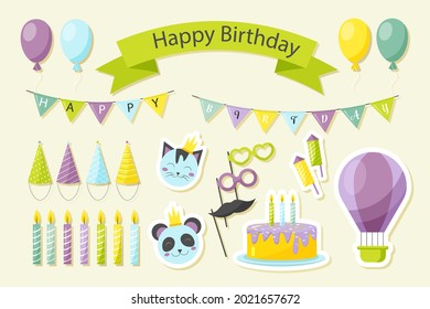 Birthday scrapbook elements. Celebrate decoration clipart. Birth day party stylish. Anniversary event graphic design collection. Greeting confetti. Creative scrapbook present set. Vector illustration.