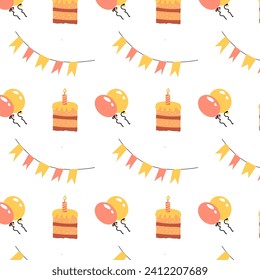 birthday seamless background with cartoon cake, baloon, flags. Vector illustration