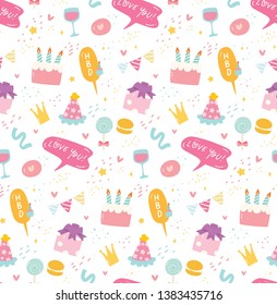 Birthday seamless background in kawaii style vector