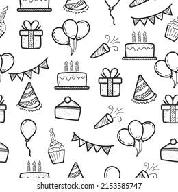 Patrón de garabatos sin fisuras de cumpleaños con color blanco y negro adecuado para el fondo. Conjunto de elementos de doodle de cumpleaños