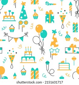 Birthday seamless flat line pattern design. Color festive party elements on white background. Balloon cupcake present cake hat whistle. Wrapping paper or wallpaper repeat tile vector illustration.