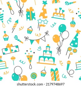 Geburtstag nahtlose flache Linienmuster Design. Minimal farbige festliche Partyelemente auf weißem Hintergrund. Abstrakter Ballon Muffin Gegenwart Kuchen. Schleifpapier oder Tapete wiederholen Fliesenvektorgrafik.
