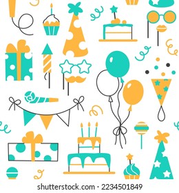 Birthday seamless flat line pattern design. Abstract minimal color festive party elements on white background. Balloon muffin gift candy cake. Wrapping paper, wallpaper repeat tile vector illustration