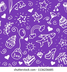 Birthday seamless handdrawn pattern, doodle. Vector illustration of flowers, cakes, hearts, stars, shoes, rainbow, toy ballon, bird, palm, brilliant, diamond, cherry, clouds, sun, wine glass.