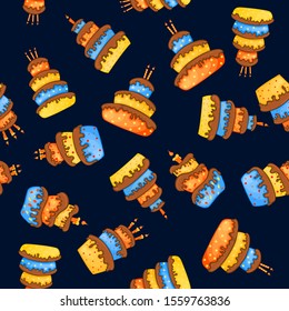 Birthday seamless multicolored pattern with cakes on a white background. Cartoon style. Vector.
