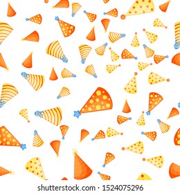 Birthday seamless multicolored pattern with caps on a white background. Cartoon style. Vector
