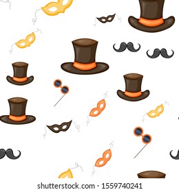 Birthday seamless multicolored pattern with carnival attributes on a white background. Cartoon style. Vector