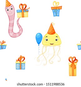Birthday seamless multicolored pattern with cute animals on a white background. Cartoon style. Vector