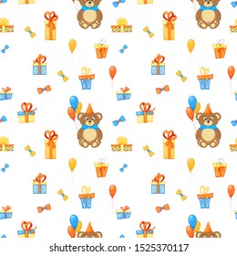 Birthday seamless multicolored pattern with cute bears on a white background. Cartoon style. Vector