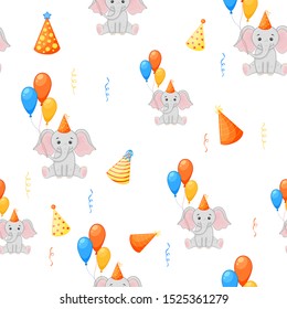 Birthday seamless multicolored pattern with elephants on a white background. Cartoon style. Vector