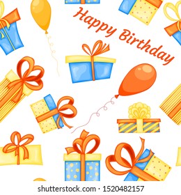 Birthday seamless multicolored pattern with gift boxes on a white background. Cartoon style. Vector
