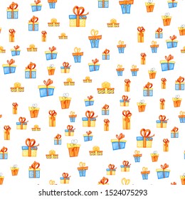 Birthday seamless multicolored pattern with gift boxes on a white background. Cartoon style. Vector