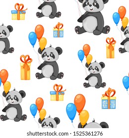 Birthday seamless multicolored pattern with pandas on a white background. Cartoon style. Vector