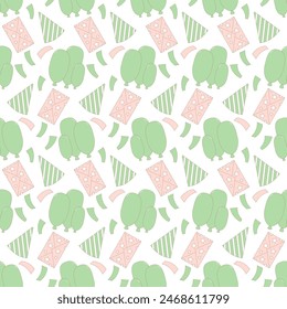 Birthday seamless pattern. Anniversary celebration endless background. Holiday repeat cover. Gifts certificate, balloons and presents loop ornament. Vector hand drawn flat illustration.