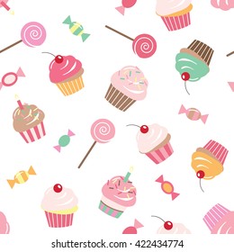 Birthday seamless pattern background with cupcakes, sweets, candies. Bright colors.
