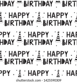 Birthday seamless pattern black and white in nordic style. Hand drawn vector illustration.
