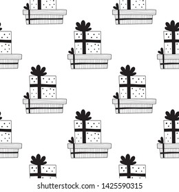 Birthday seamless pattern black and white in nordic style. Hand drawn vector illustration.
