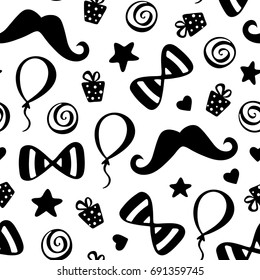 Birthday Seamless pattern. Black and white vector background  of party elements: balloon, gift box, mustache and stars. Kids vector illustration. Good for birthday card for boys.