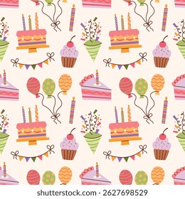 Patrón de cumpleaños sin fisuras con pastel, globos, confeti, clapper, guirnalda, cupcake, muffin. Fondo de Vector de celebración festiva con Elementos pastel lindos dibujados a mano para scrapbooking, tarjetas.
