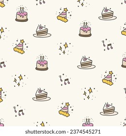 Birthday seamless pattern with cake and candles. Hand drawn vector illustration