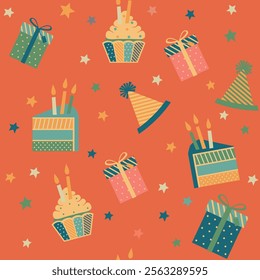 Birthday seamless pattern with cake, candles, hat, gifts. 