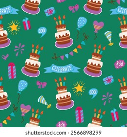 Birthday seamless pattern with cake, candles, balloons, garland of flags, cap, gift, bow, star. Festive cartoon elements set and hand written. Colorful print on fabric and paper. Vector illustration.