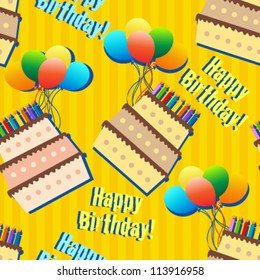 birthday seamless pattern with cakes and balloons on yellow