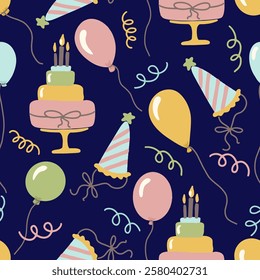 Birthday seamless pattern with cakes, balloons, and party hats for festive celebrations, wrapping paper design or textile print vector illustration